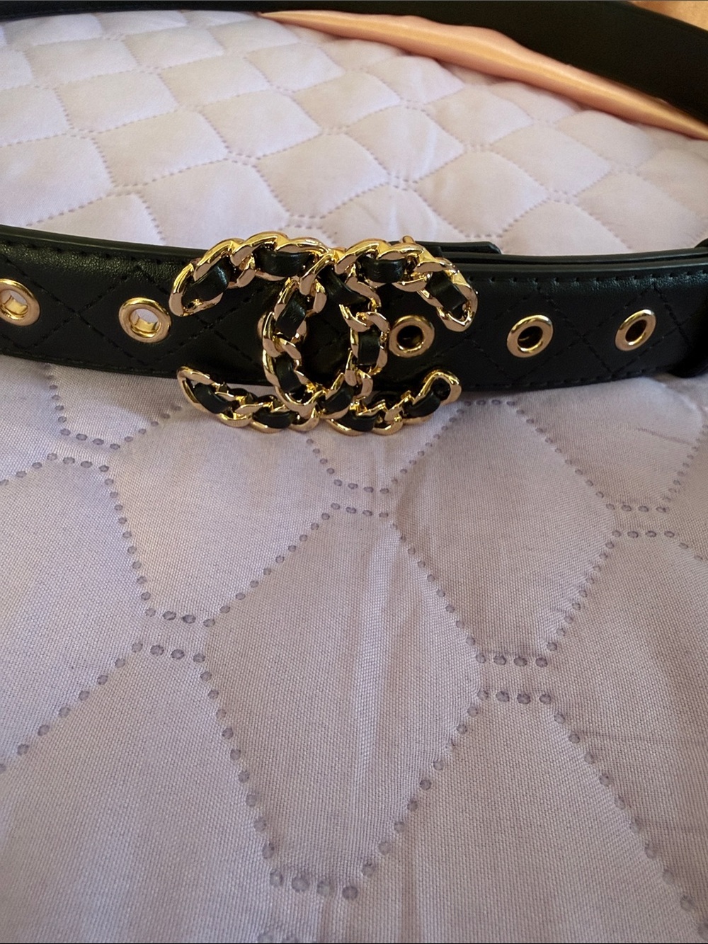 Black Quilted Leather Belt with Gold Chain-Style CC Buckle